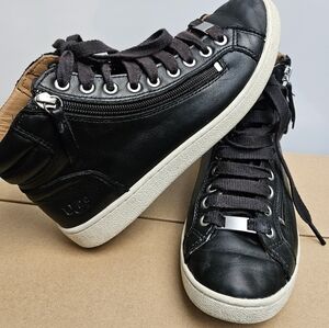 UGG Black Leather Ankle Booties with Tan Accents